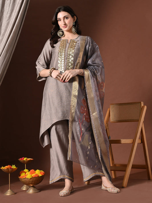 Myshka Women Grey Floral Yoke Design Sequinned A-Line Kurta Set with Dupatta