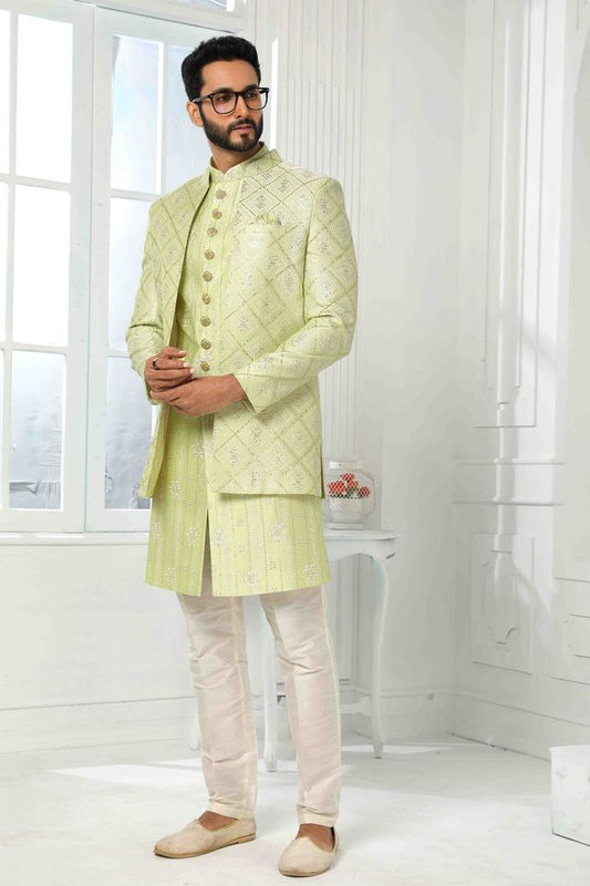 Raivat Ethnic Art Silk Embroidery Work 3 Pcs Indo Jacket Set In Pista Green Colour