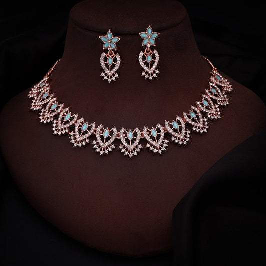 Tehzeeb Creations Sky Blue Colour Sparkle Stone Studded Necklace With Earrings | Grab2Buy