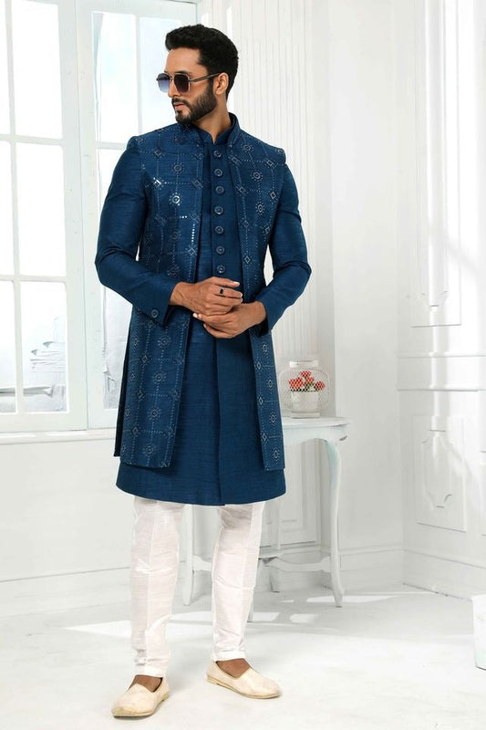 Raivat Ethnic Art Silk Embroidery Work 3 Pcs Indo Jacket Set In Teal Colour