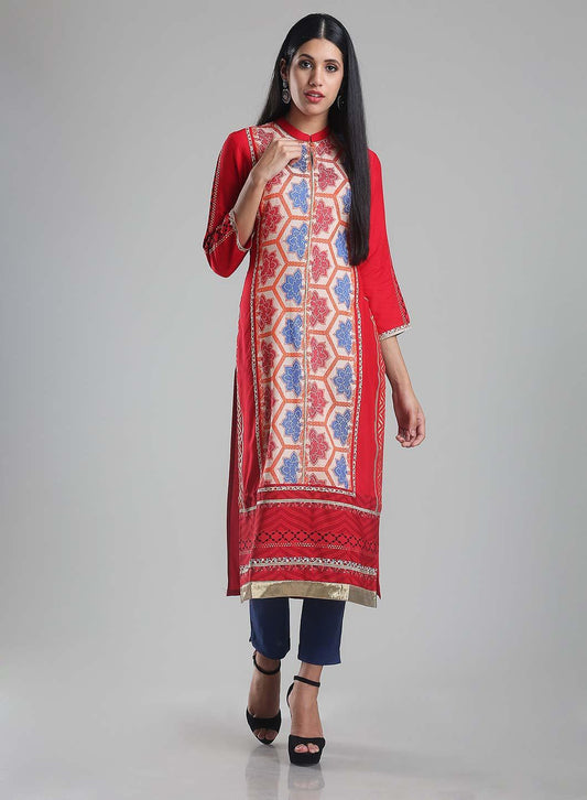 W for Woman Red Mandarin Neck Printed kurta
