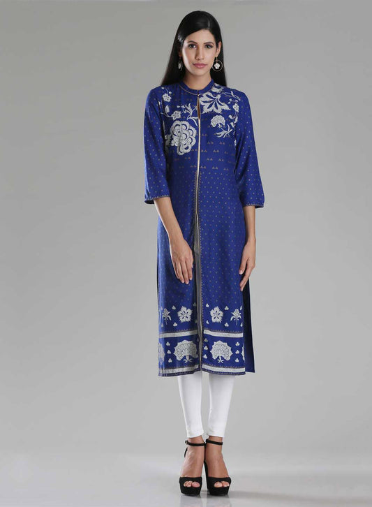 W for Woman Blue Printed Front Slit kurta