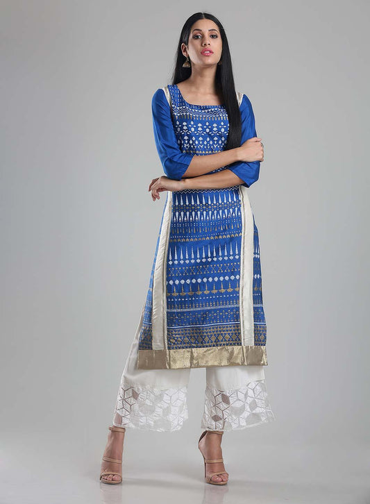 W for Woman Blue Square Neck Printed kurta