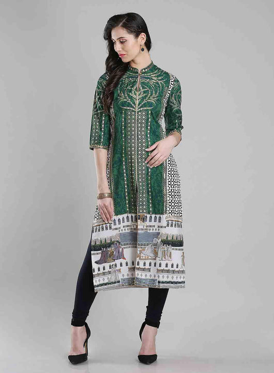 W for Woman Green Printed Mandarin Neck kurta