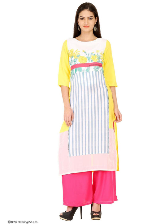 W for Woman Yellow Printed 3/4 Sleeve kurta
