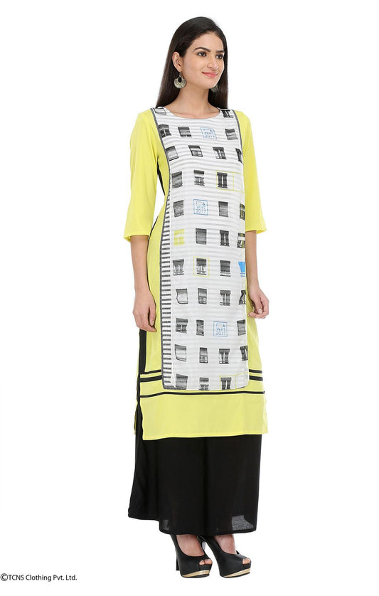 W for Woman Yellow Printed 3/4 Sleeve kurta