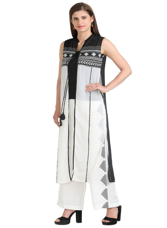 W for Woman White & Black Sleeveless Printed Gillet Grab2Buy WforWoman Grab2Buy