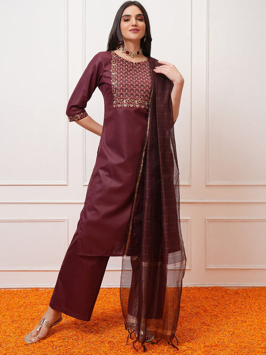 Vishudh Burgundy Ethnic Motifs Yoke Design Thread Work Kurta with Palazzo & Dupatta | Grab2Buy
