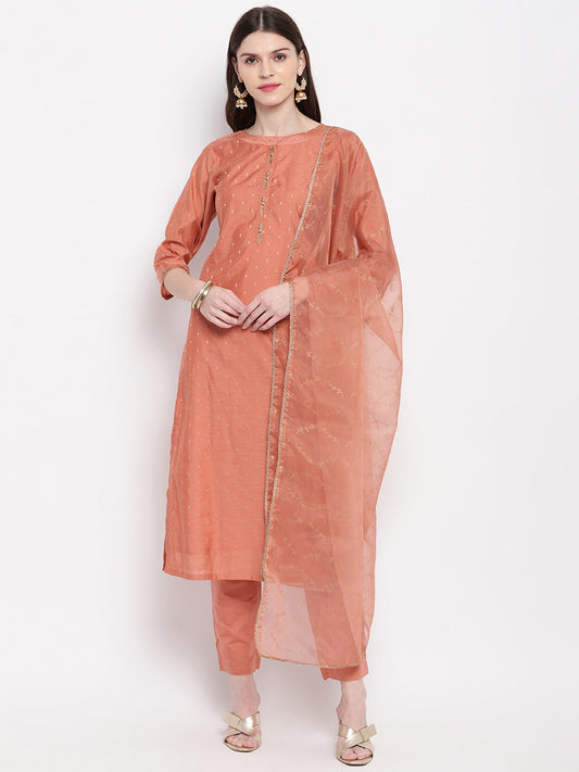 Janasya Women Peach-Coloured Self Design Kurta with Trousers & Dupatta