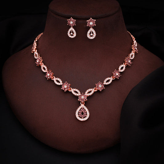 Tehzeeb Creations Elegant Rose Gold Polished American Diamond (Ad) Studded Necklace And Earring Set For Women Tehzeeb Creations