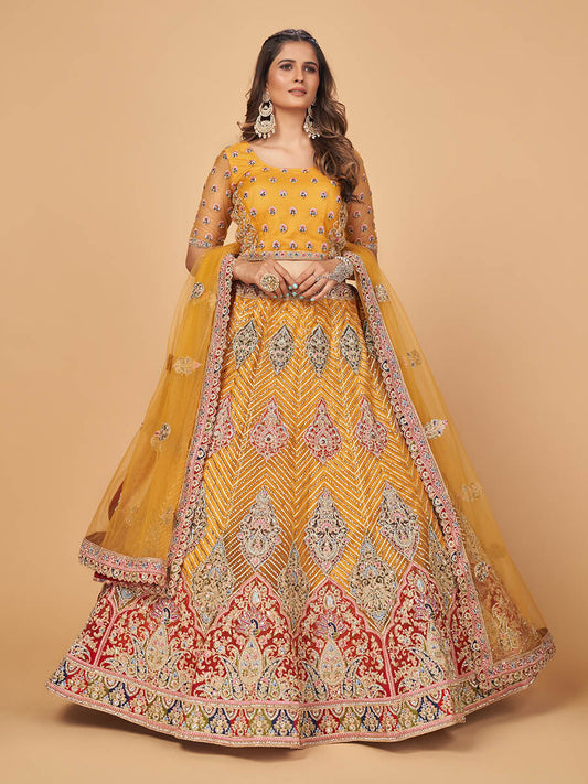 Myra Mustard Soft Net Heavy Embroidered Designer Lehenga