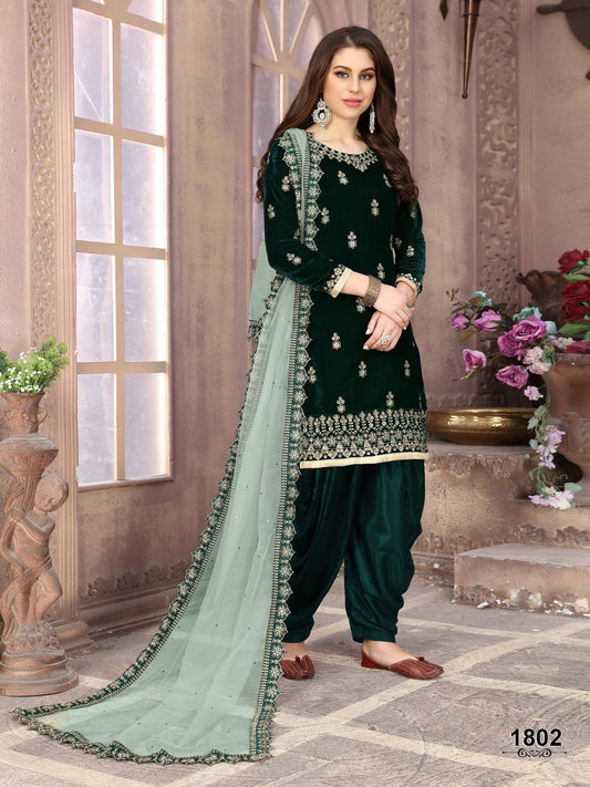 Anaita Green Embroidered Velvet Patiala Suit