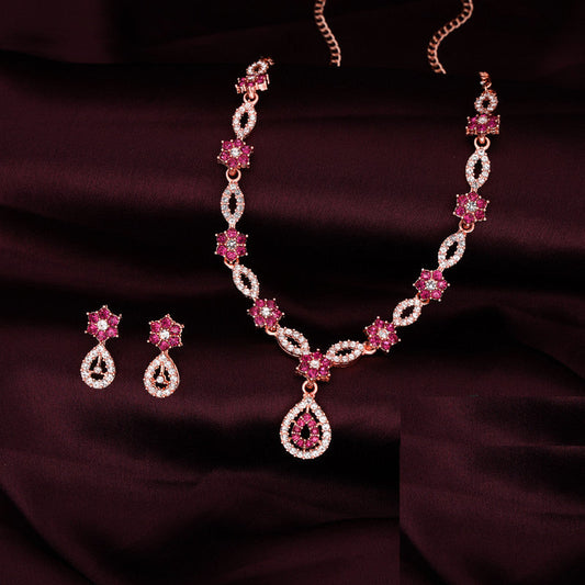 Tehzeeb Creations Elegant Pink Polished American Diamond (Ad) Studded Necklace And Earring Set For Women | Grab2Buy