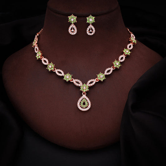 Tehzeeb Creations Elegant Sea Green Polished American Diamond (Ad) Studded Necklace And Earring Set For Women | Grab2Buy