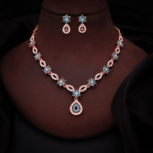 Tehzeeb Creations Elegant Sky Blue Polished American Diamond (Ad) Studded Necklace And Earring Set For Women | Grab2Buy