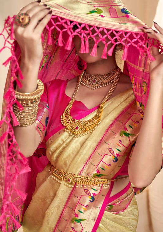 Anaita Cream Designer Weaving Pure Paithani Tissue Silk Saree With Blouse