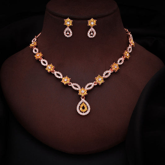 Tehzeeb Creations Elegant Yellow Polished American Diamond (Ad) Studded Necklace And Earring Set For Women | Grab2Buy