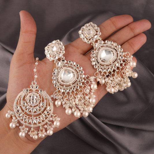 Tehzeeb Creations White Gold Trending Style Drop & Danglers Earring With Tikka For Girls & Women Diamond, Pearl Brass Drops | Grab2Buy