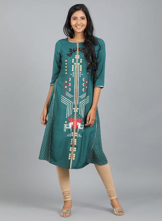 W for Woman Teal Blue Round Neck Printed kurta
