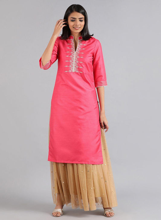 W for Woman Pink Mandarin Neck Solid kurta
