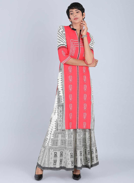 W for Woman Red Mandarin Neck Printed kurta