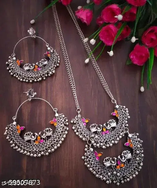 Tehzeeb Creations Women's Silver Colour Oxidised Necklace And Earrings With Peacock Design Tehzeeb Creations