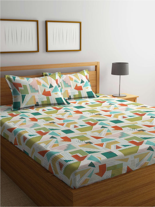 BOMBAY DYEING Serenita Yellow Geometric Cotton 144 TC King Bedsheet & 2 Pillow Covers | Grab2Buy