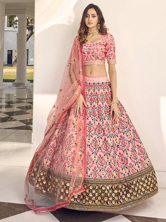 Myra Pink Art Silk Heavy Embroidered Lehenga