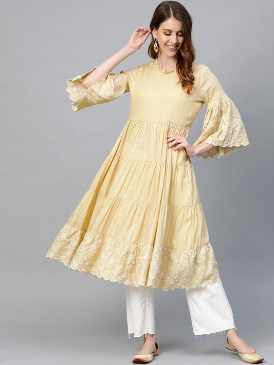 HERE&NOW Women Yellow Solid Tiered Anarkali Kurta
