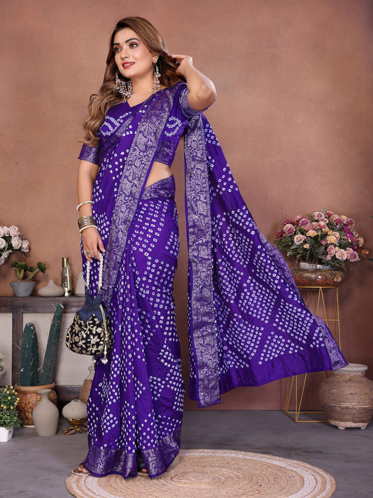 Anaita Blue Handmade Bandhej Viscose Silk Saree With Blouse