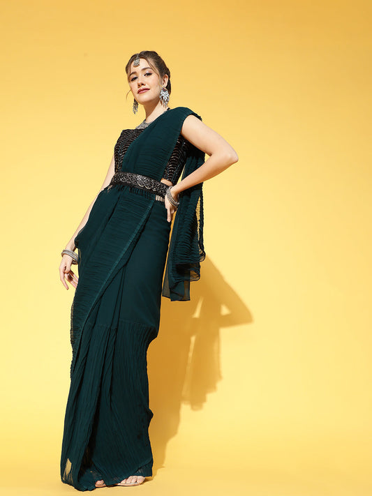 Saree Mall Teal Green & Black Solid Poly Georgette Party Saree with Matching Blouse