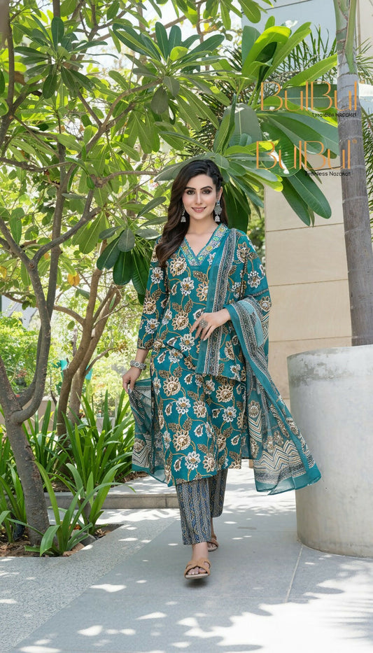 BulBul Fashionista Green Cotton Kurta Set with Dupatta