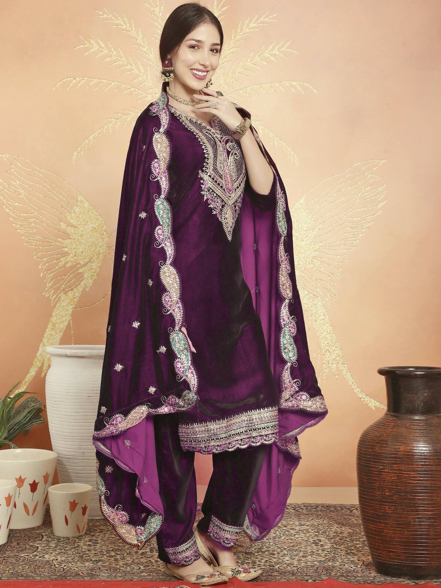 Aastha Fashion Women's Wine Velvet Cording with Resham Thread & Sequin Kurta with Trouser & Dupatta - Grab2buy