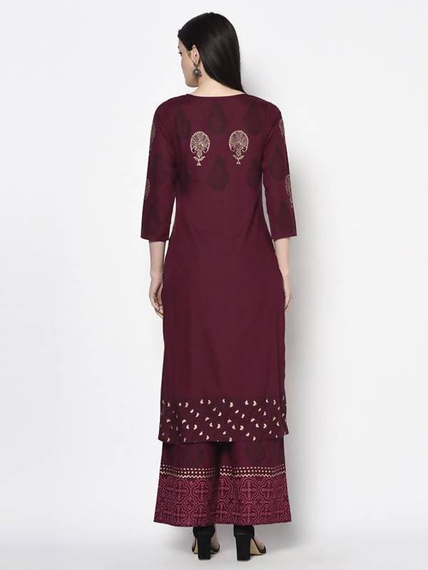Aniyah Rayon Wine Color Block Print Straight Kurta Palazzo Set (AN-174K)
