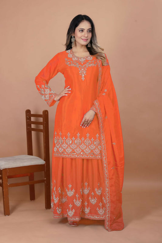 Teeya Creation Orange Chinon Embroidery Work Party Wear Palazzo Suit