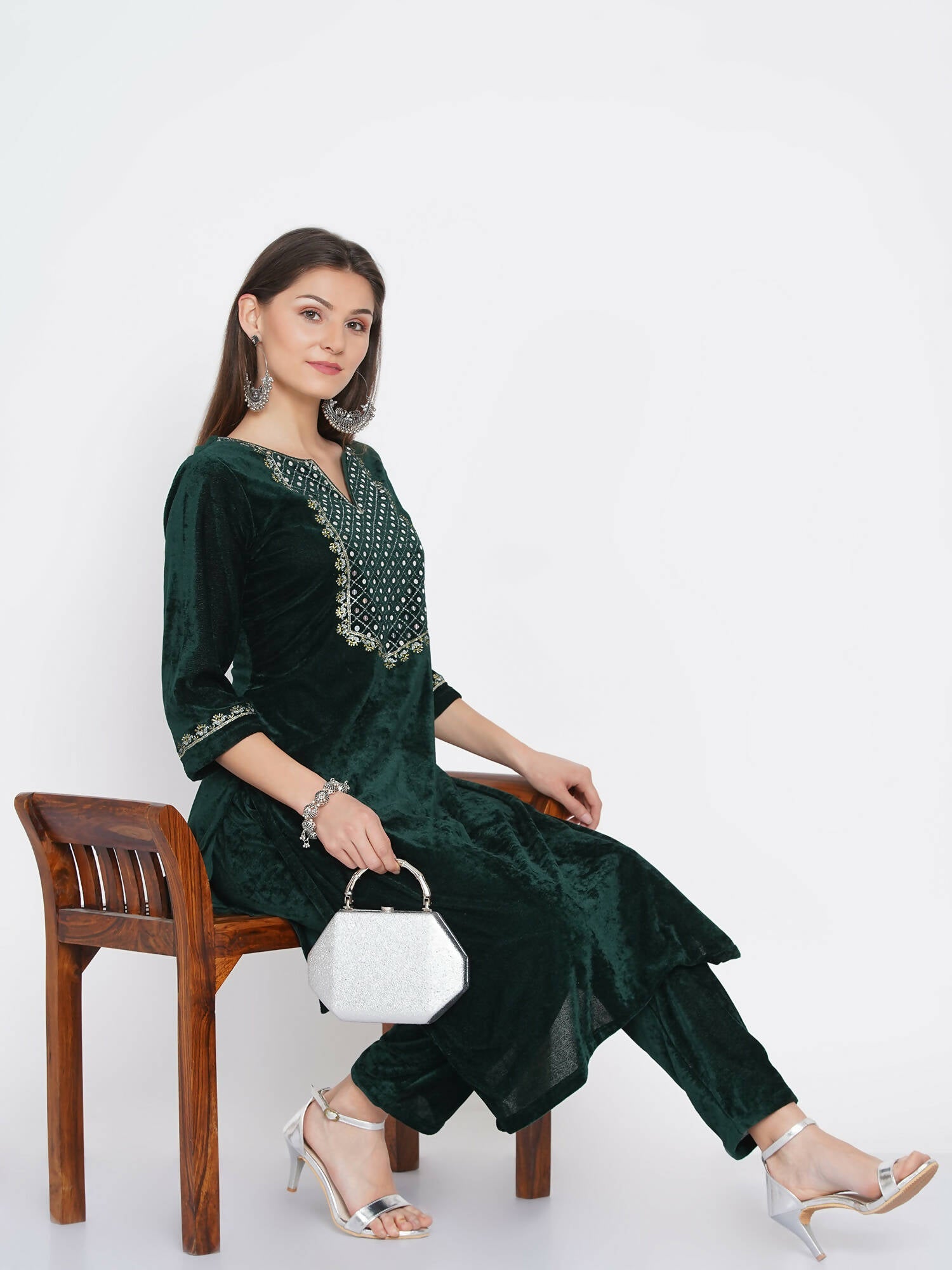 Women Republic Green Velvet Embroidered Kurta With Pant - Grab2buy