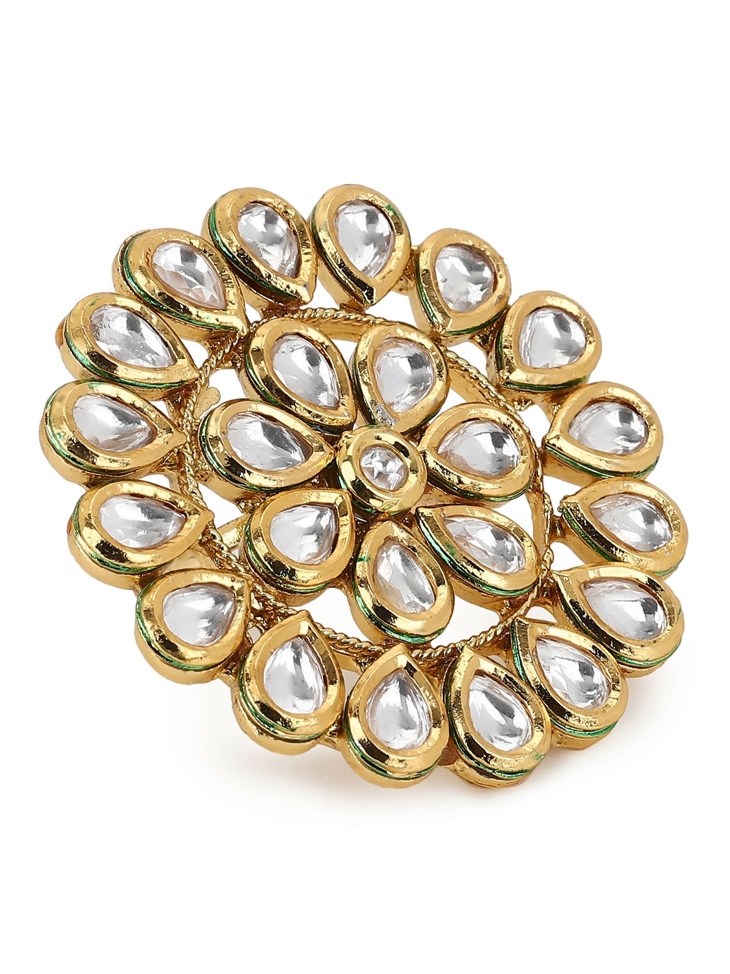 Gold-Plated White Kundan-Studded Adjustable Finger Ring - Ruby Raang - Grab2buy