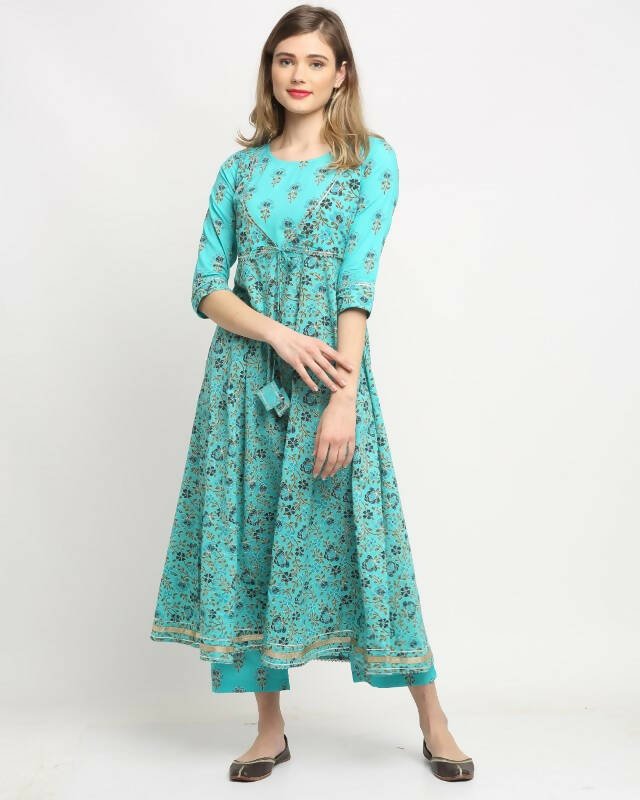 Aastha Fashion Women's Sky Blue Cotton Floral Printed Kurta with Trouser & Dupatta - Grab2buy