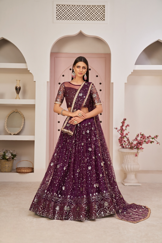 Eilara Women'S Wine Butterfly Net Thread With Zari Sandwich Sequence Embroidered Work Lehenga Choli For Festivals