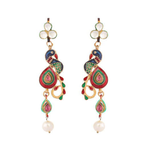 Nuyug 22K Gold Plated Pearl Drop Kundan Studded Ethnic Peacock Shaped Drop Earrings | Swadesiicart