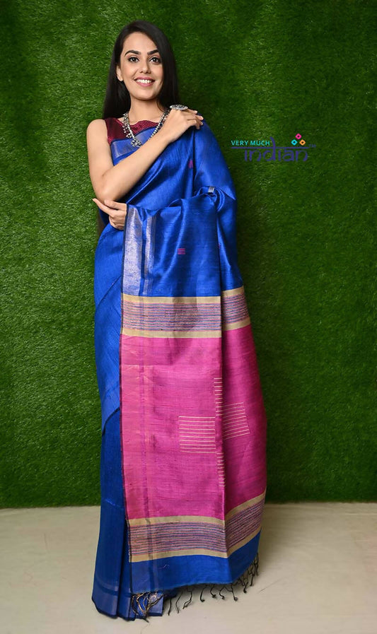Very Much Indian Handwoven Raw Silk Dupion Grab2Buy - Cobalt Blue With Purple Pallu