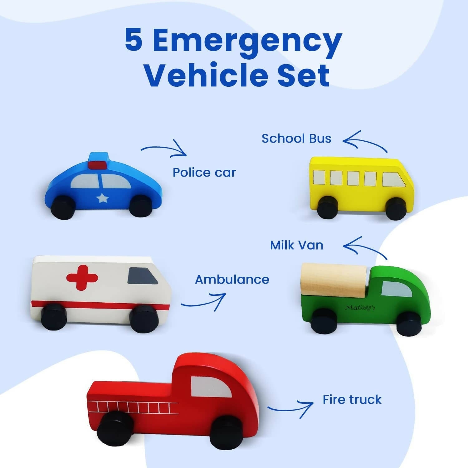 Matoyi Wooden Emergency Toy Vehicle Set of 5 - Grab2buy