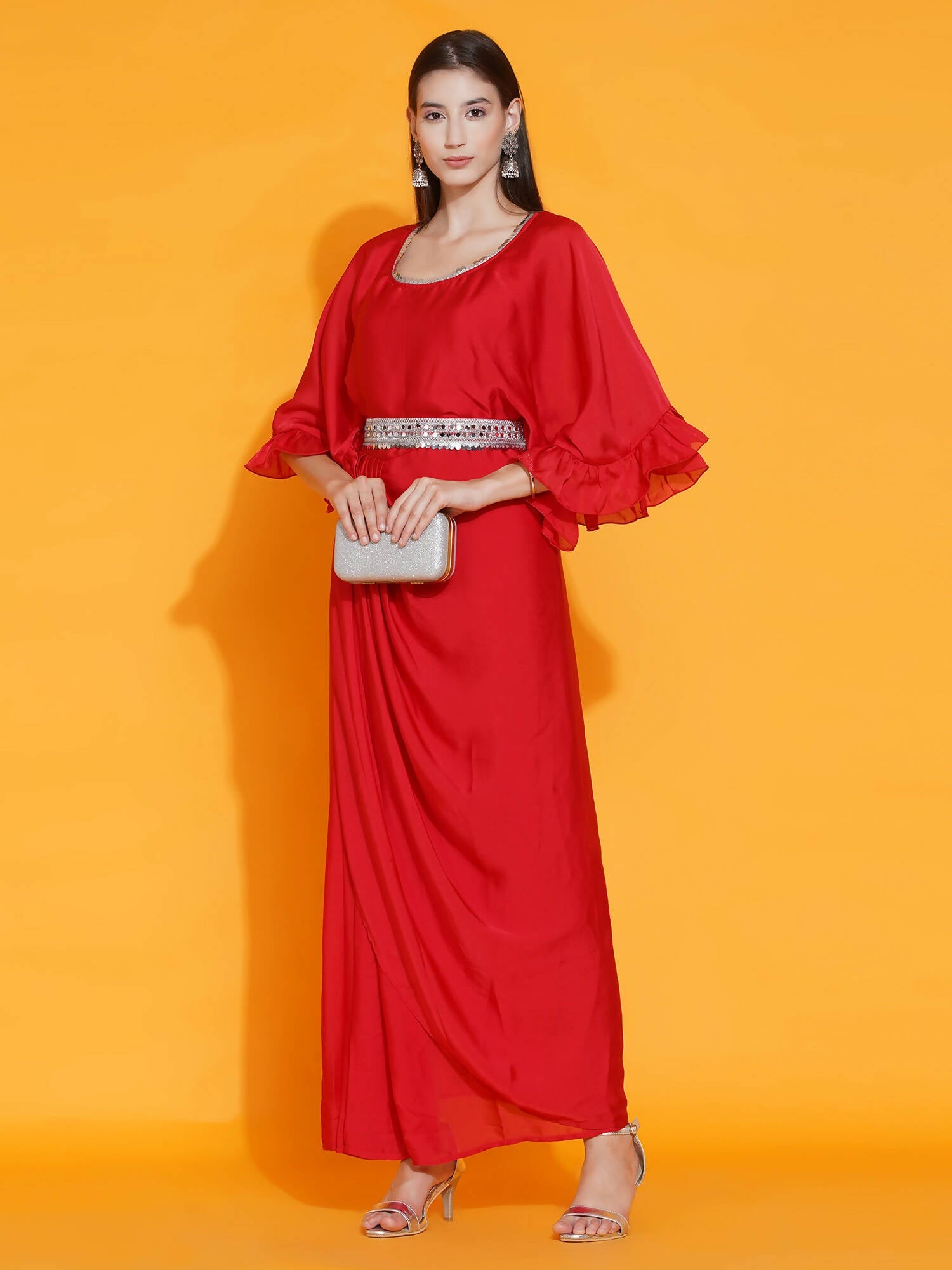 Women Republic Red Georgette Gown With Embellished Belt - Grab2buy