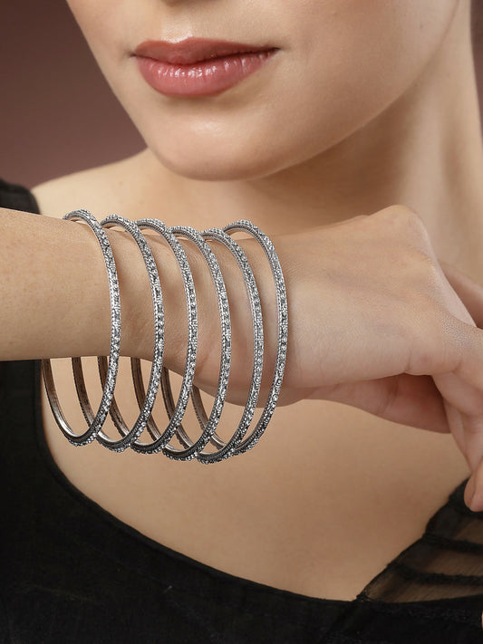 NVR Women's Set of 6 Silver-Toned German Silver Oxidised Bangles | Grab2Buy