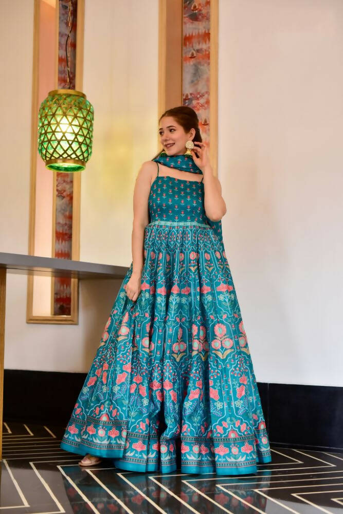 Partywear Designer Light Steel Blue Pure Maslin Gown - Anbazaar - Grab2buy