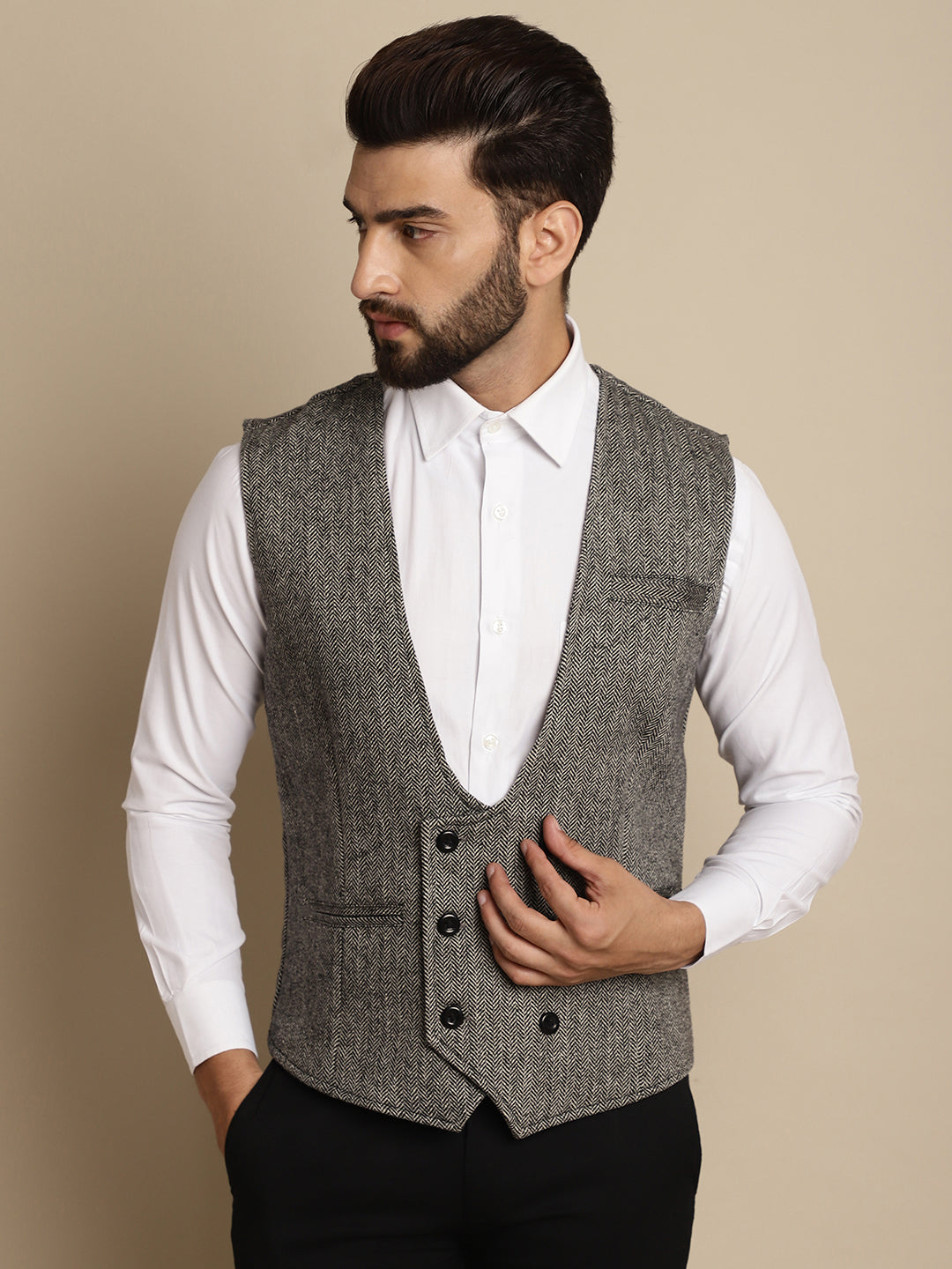 Even Apparels Men's Grey Woolen Double Breast Waistcoat - Grab2buy