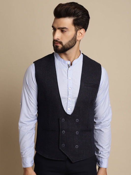 Even Apparels Men's Blue Woolen Double Breast Waistcoat
