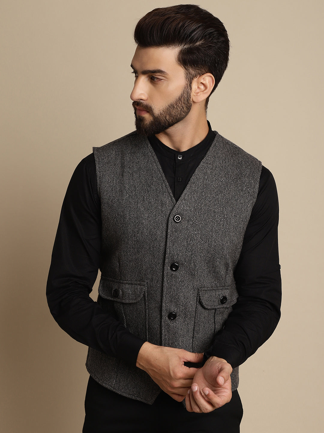 Even Apparels Men's Grey Woolen Waistcoat With Patch Pocket - Grab2buy