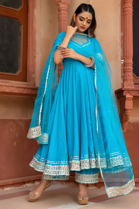 Pomcha Jaipur Kalamkari Blue Pure Cotton Anarkali Set