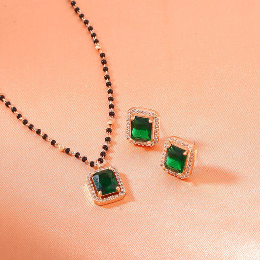 Estele Rose Gold-Polished CZ Square Designer Mangalsutra Necklace Set with Emerald Stones for Women Estele Accessories